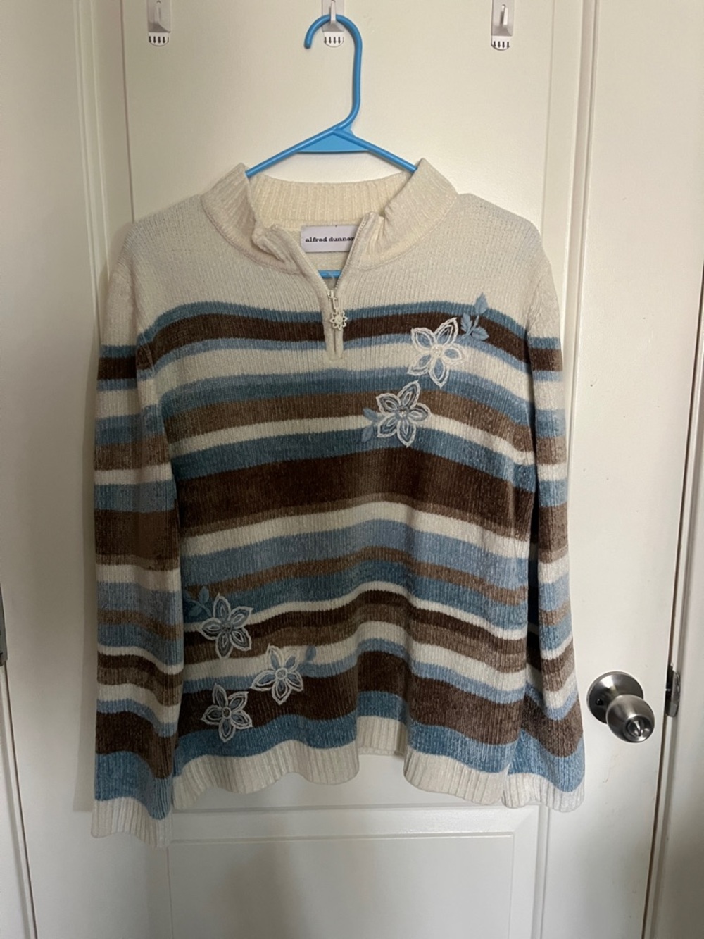 Alfred Dunner Cream, Blue & Brown Striped Half-Zip Sweater
